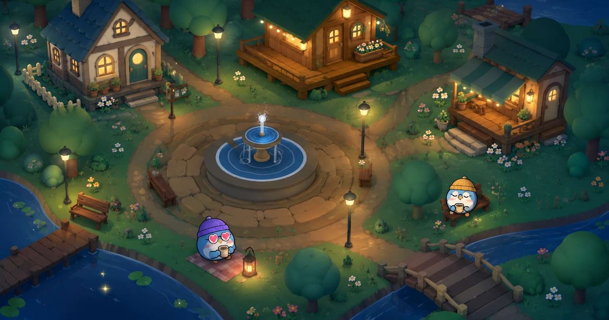 Le village Chill la nuit : des maisons éclairées autour d'une fontaine, deux pingouins partagent une boisson chaude près du lac.