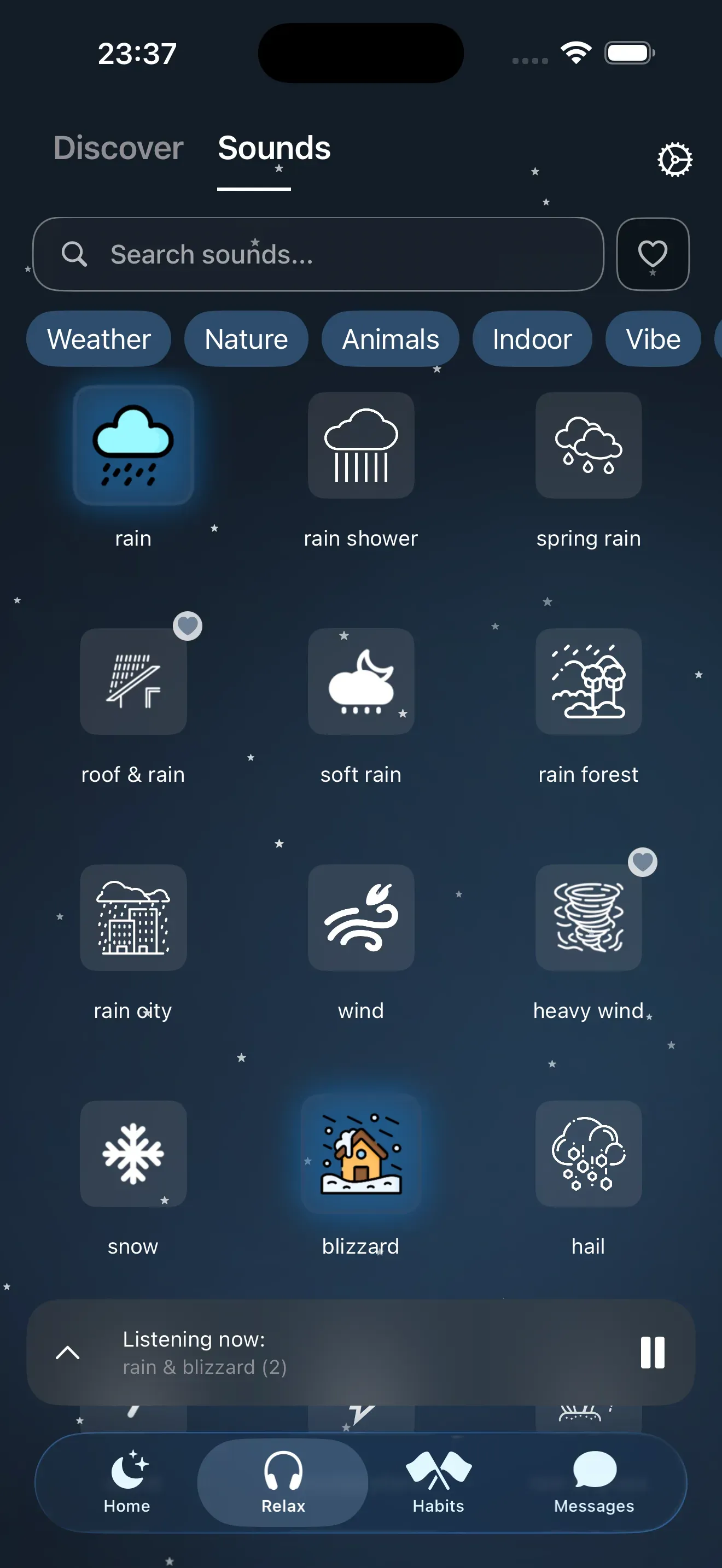 Bibliothèque de sons Chill : pluie, averse, pluie de printemps, pluie sur le toit, pluie douce, forêt tropicale, vent, neige, blizzard, grêle, avec deux sons joués ensemble
